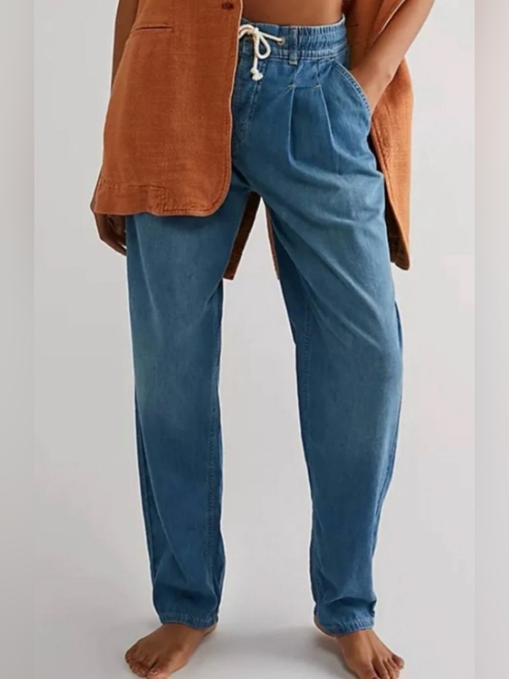 Free People Luna Pull On Lightweight Denim Pant In Stardust Blue Size S